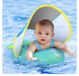 No Flip Over Baby Pool Float with Canopy UPF50+ Sun Protection, Inflatable Baby Float with Sponge Safety Support Bottom, Fun Gifts Water Toys Accessor