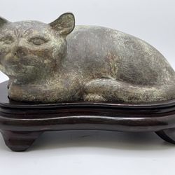 Chinese Bronze Han's Style Cat-Early 20th Century-Cast in Recumbent Pose On Fitted Wood Stand