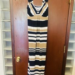 Navy Blue, White And Gold Polyester Striped Sleeveless Maxidress 