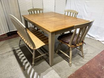 Farmhouse Style Two-Tone Olive Grey Dining Set with Bench
