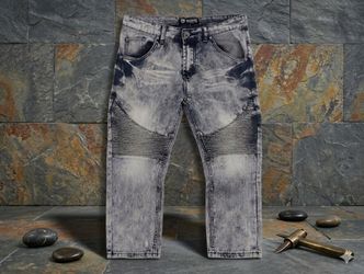 Men's Gray Light Wash Distressed Slim Tapered Biker Denim Jeans 5-Pocket