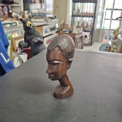 Vintage Mid 20th Century Hand-carved African Tribal Bust Figurine In Solid Dark Ebony Or Ironwood, Maasai In Kenya Or Ghana-SEE DESCRIPTION 