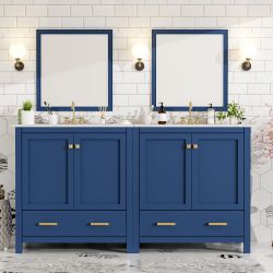 New 60” Blue Double Bathroom Vanity Set with Double Ceramic Sinks, Soft Close Doors & Drawers