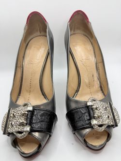 Giuseppe Zanotti Vintage Pewter Black Leather Crystal Buckle Peep Toe Pumps S  size # 36