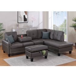 Brown Faux Leather Sectional Sofa With Cup holders And Storage Ottoman Brand New In Box Firm Price $380