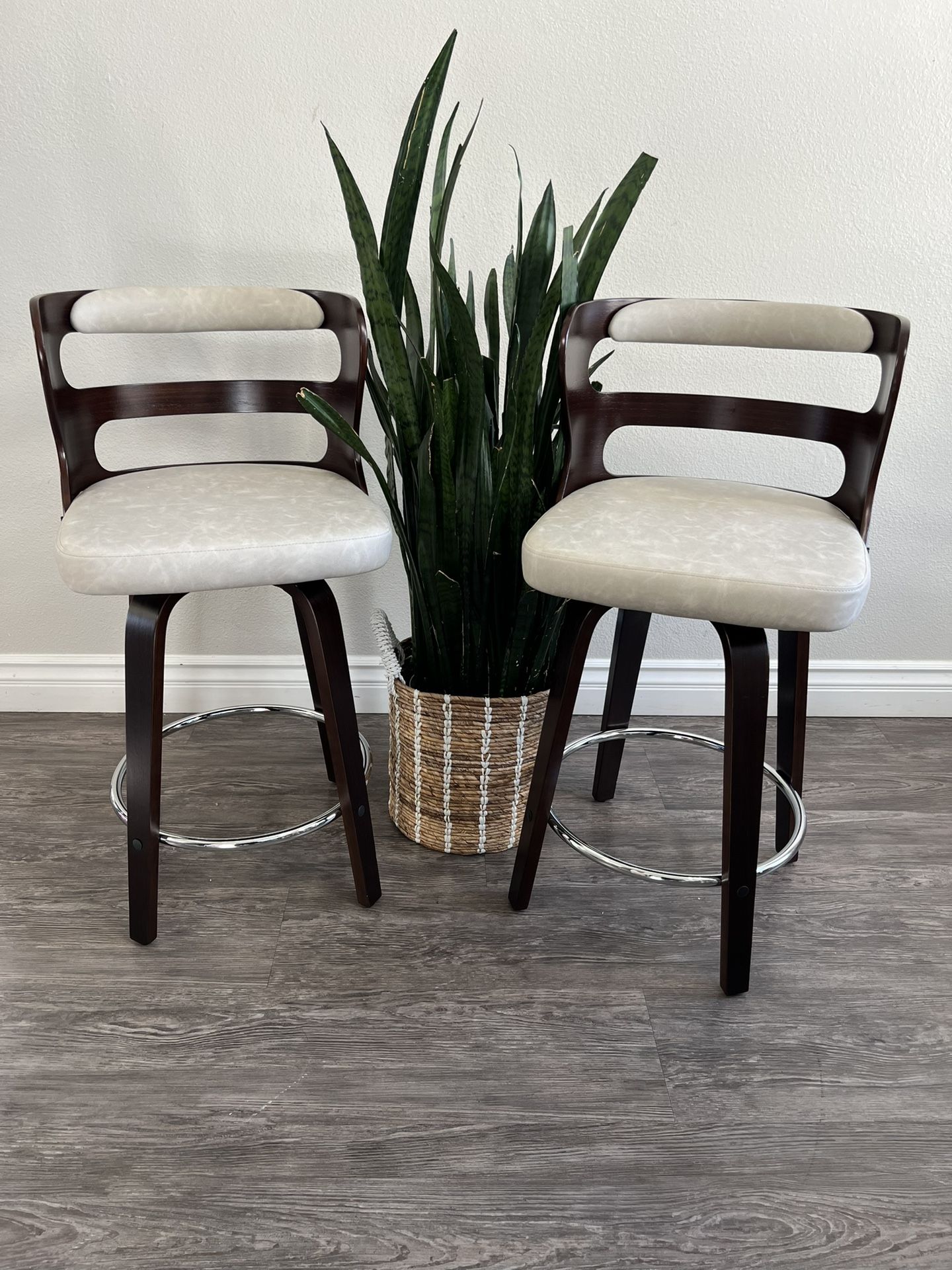 Arabela 26 in. Beige Gray Solid Wood Swivel Bar Stool Faux Leather Kitchen Counter Stool with Walnut Frame Set of 2