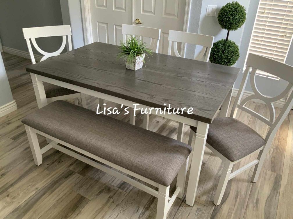 (New) White/Grey Dining Table With Four Matching Chairs And Bench..(Check Out My Profile) $400