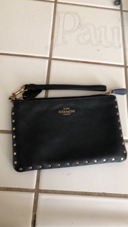 Coach Black Pebbled Leather Studded Corner Zip Wristlet / Clutch