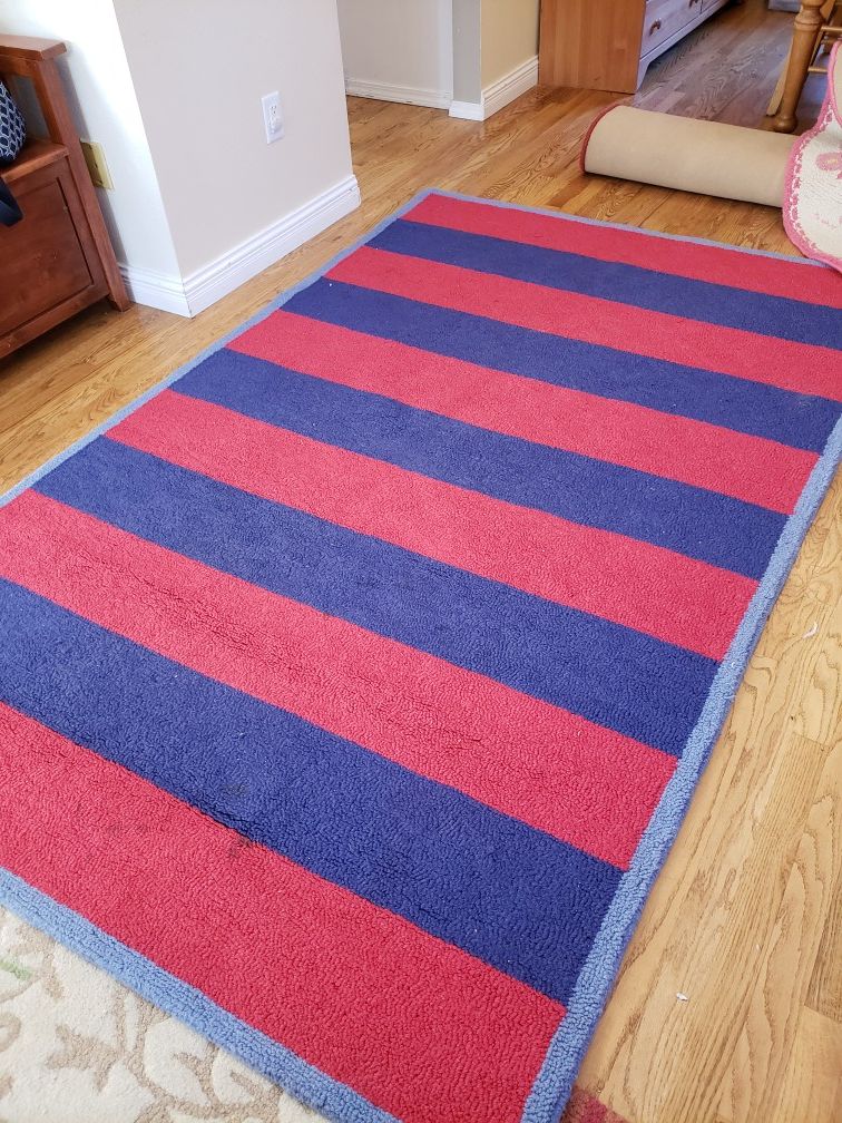 Pottery Barn Kids Red Blue Rugby Stripe Wool Rug 5x8