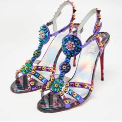 Christian Louboutin Patent Leather Floral Print Slingback Sandals