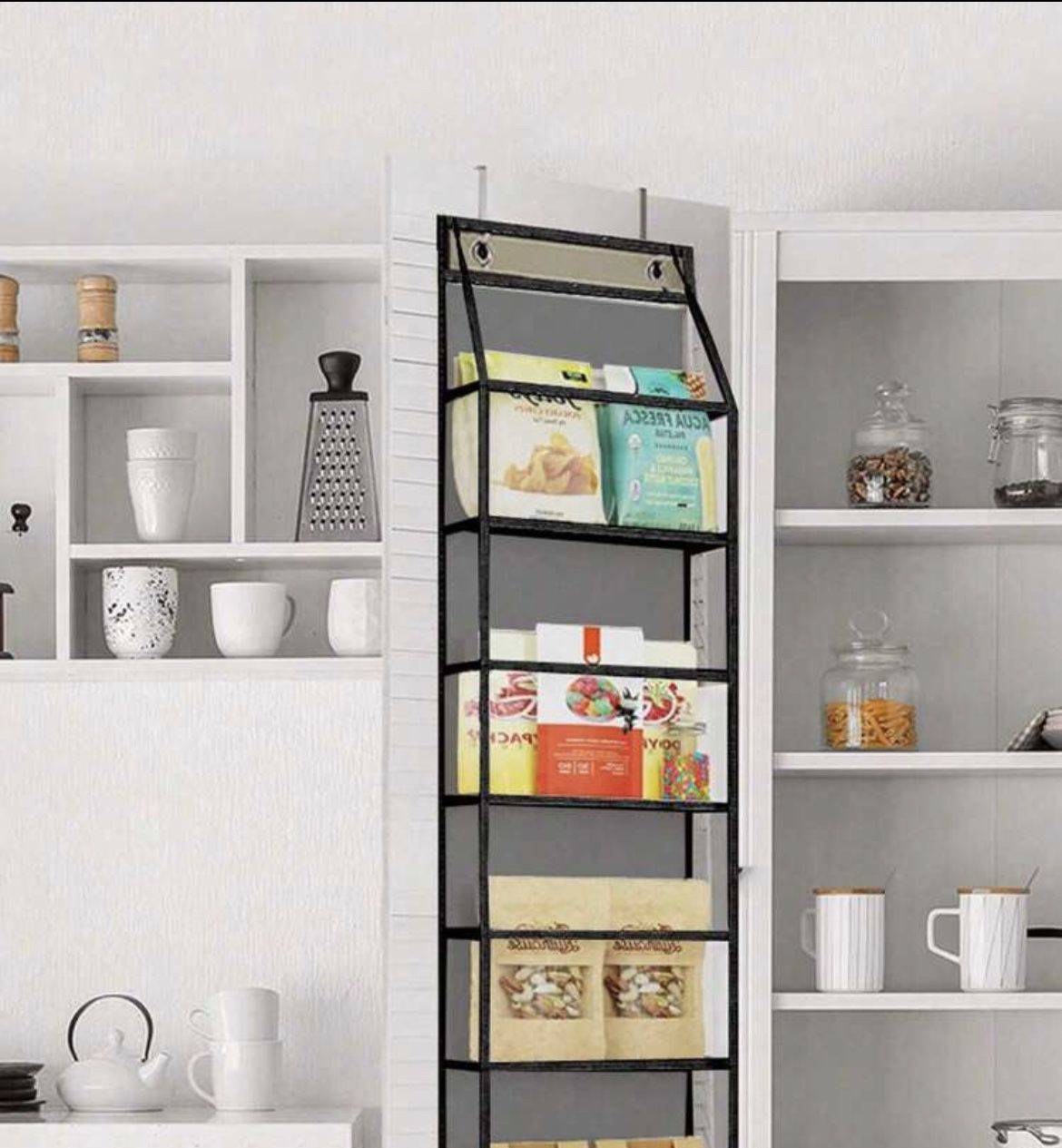 Preorder 1pc 130cm 4-Compartment Foldable Hanging Bag For Snacks, Toys, Clothes Storage, Grey, W/2 Hooks For Wall/Cabinet/Door Hanging In Kitchen/Bath