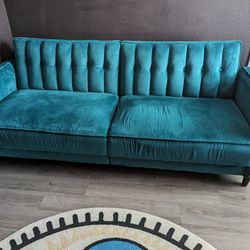 Blue/green velvet sleeper couch for sale