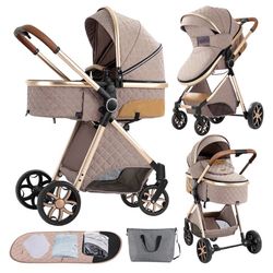  2 in 1 Baby Stroller,Infant Stroller Convertible,High Landscape Baby Carriage,Foldable Pushchair with Adjustable Canopy(khaki)