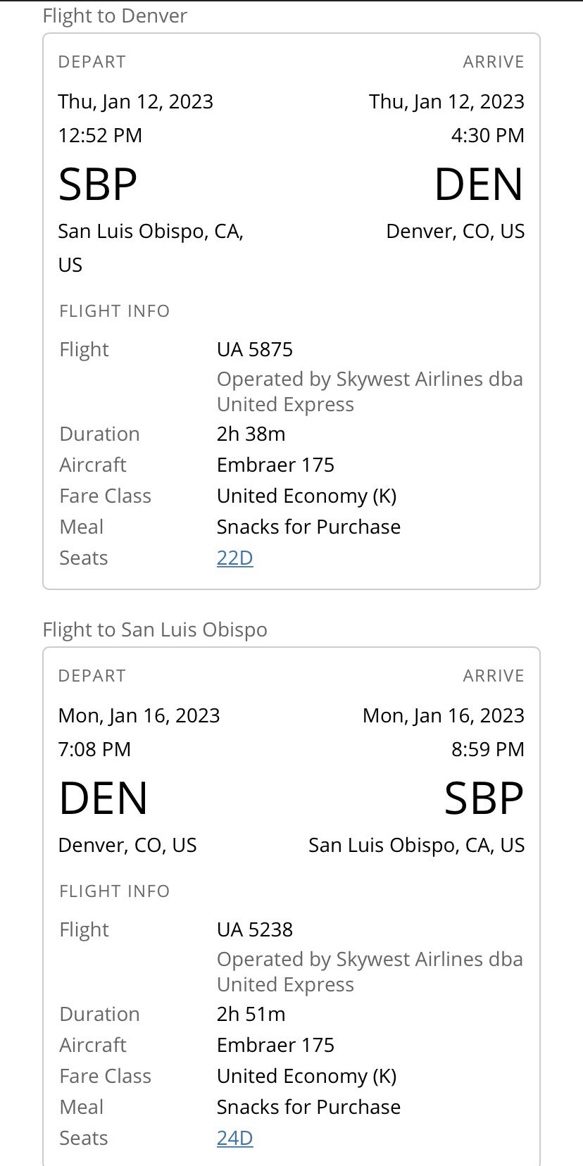 Airline Tickets- Slo Airport To Denver ca  And Back  Slo