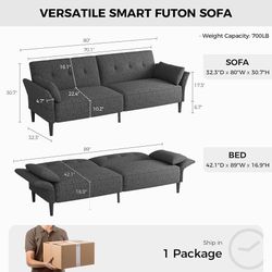 89” Futon Sofa Bed, Linen Comfy Futon Couch Bed with 2 Square Pillows, Convertible Sleeper Sofa with Adjustable Backrest& Armrests, Modern Loveseat Sl