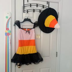 Candy Corn Stripe Costume Dress Witch Hat child L 12/14 Black Orange Yellow Length 27, chest 24"