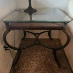 Glass Side Table with Studded Leather Inside and Iron Legs