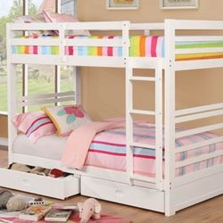 Brand New White Twin Size Bunk Bed w Trundle Drawers 