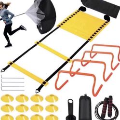 Agility Ladder Speed Training Equipment Set-20ft Agility Ladder,12 Soccer Cones,4 Hurdles, Jump Rope, Running Parachute| Basketball Football Soccer Tr