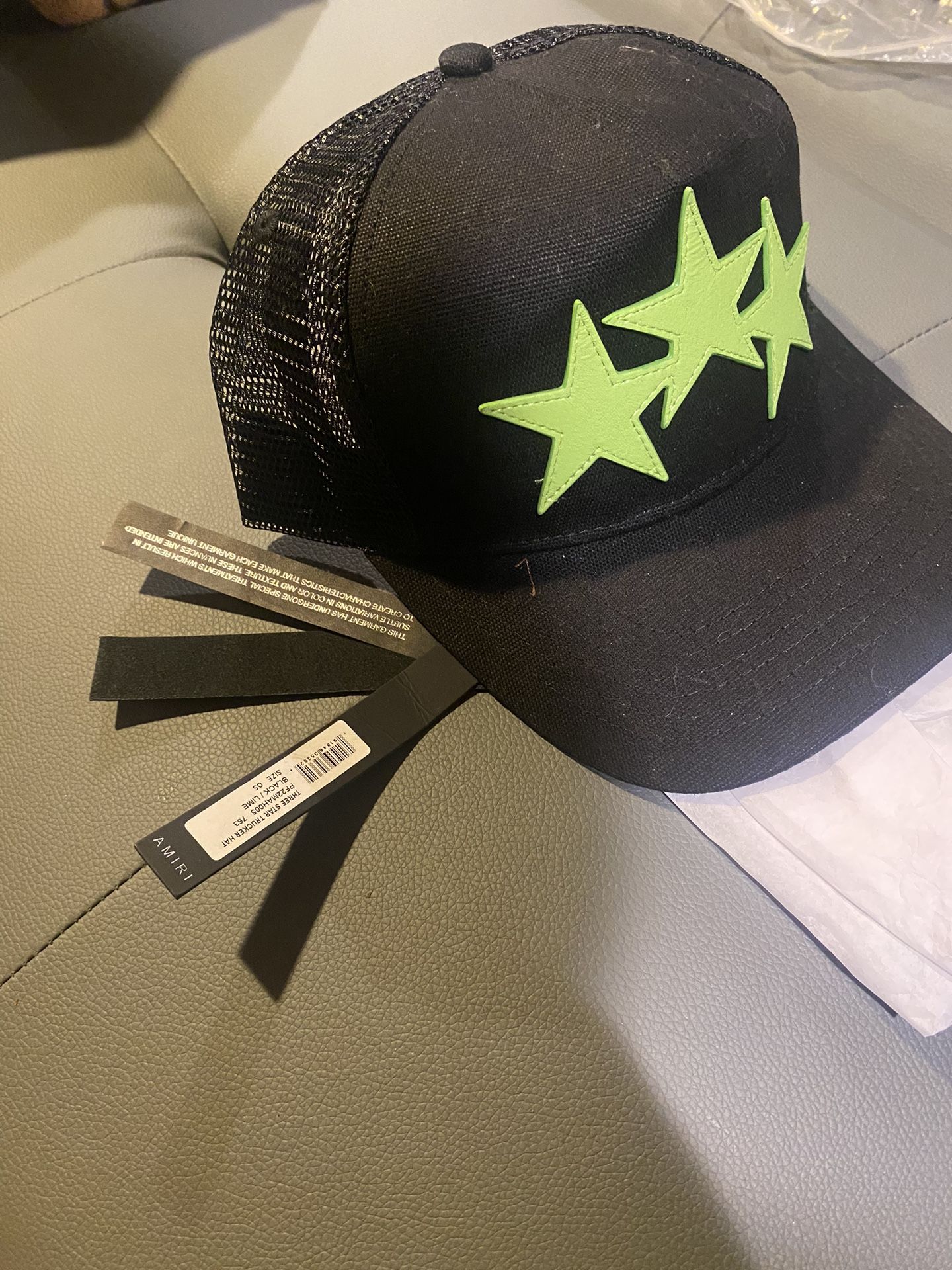 Amiri Leather Stars Hat Black Green NwT
