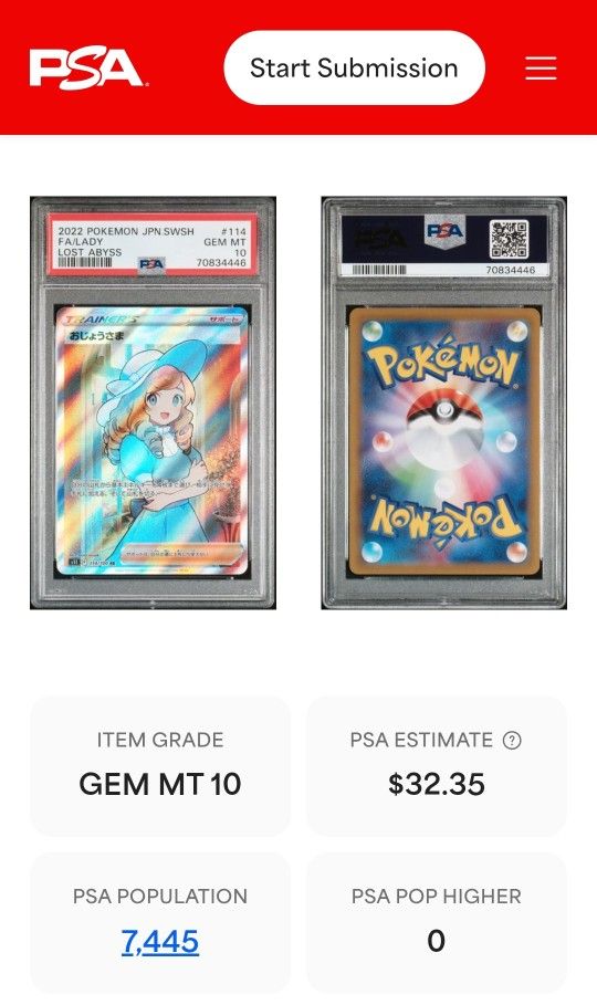 2022 POKEMON JAPANESE SWORD & SHIELD LOST ABYSS #114 FA/LADY LOST ABYSS PSA 10