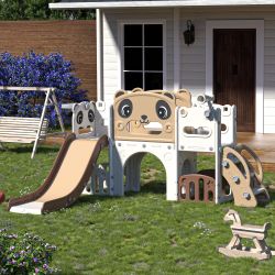 9-in-1 Toddler Slide & Climber Playset with Basketball Hoop & Telescope – Brown/White, New in Box