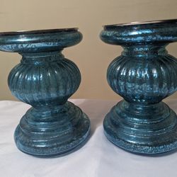 Turquoise Glass Light Up Pillar Candle Holders