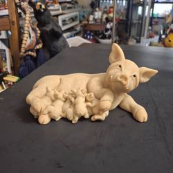 " The First Supper " Mama Pig W/Her 6 Piglets By Quarry Critter Collection, Polished Stone 7" X 4"
