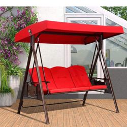 3-Seat Deluxe Outdoor Patio Porch Swing with Weather Resistant Steel Frame, Adjustable Tilt Canopy, Cushions and Pillow Included, Terra