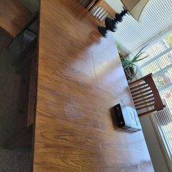 This Is A High Boy Solid Oak Wood Dining Table With 6 Chairs And A Middle Leaf! 