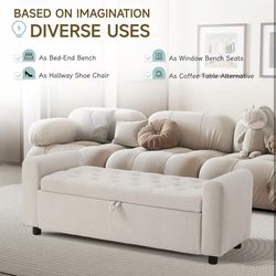 Ottoman with Storage, Tufted Storage Bench for Bedroom, 48" Fabrics End of Bed Bench, Upholstered Entryway Shoe Benches with Rolled Arm & Inner Zipper