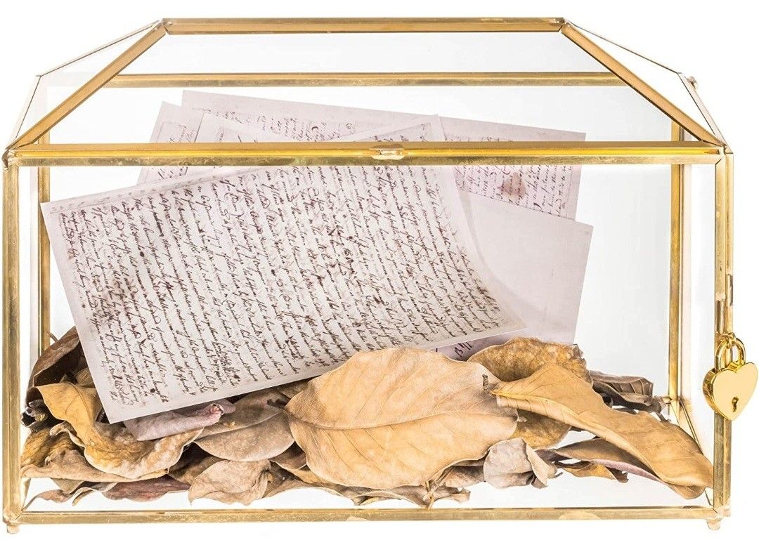 NCYP 12.6" Large Geometric Glass Card Box with Slot and Heart Lock, Foot, Gold Handmade Brass Terrarium Container for Wedding Reception, Wishwell, Kee
