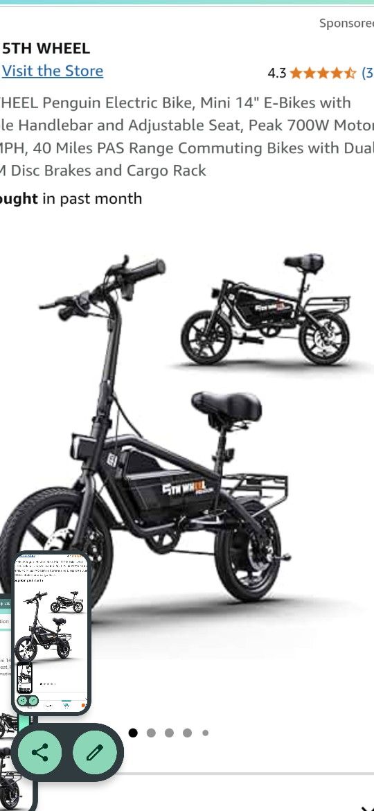 5TH WHEEL Penguin Electric Bike, Mini 14" E-Bikes with Foldable Handlebar