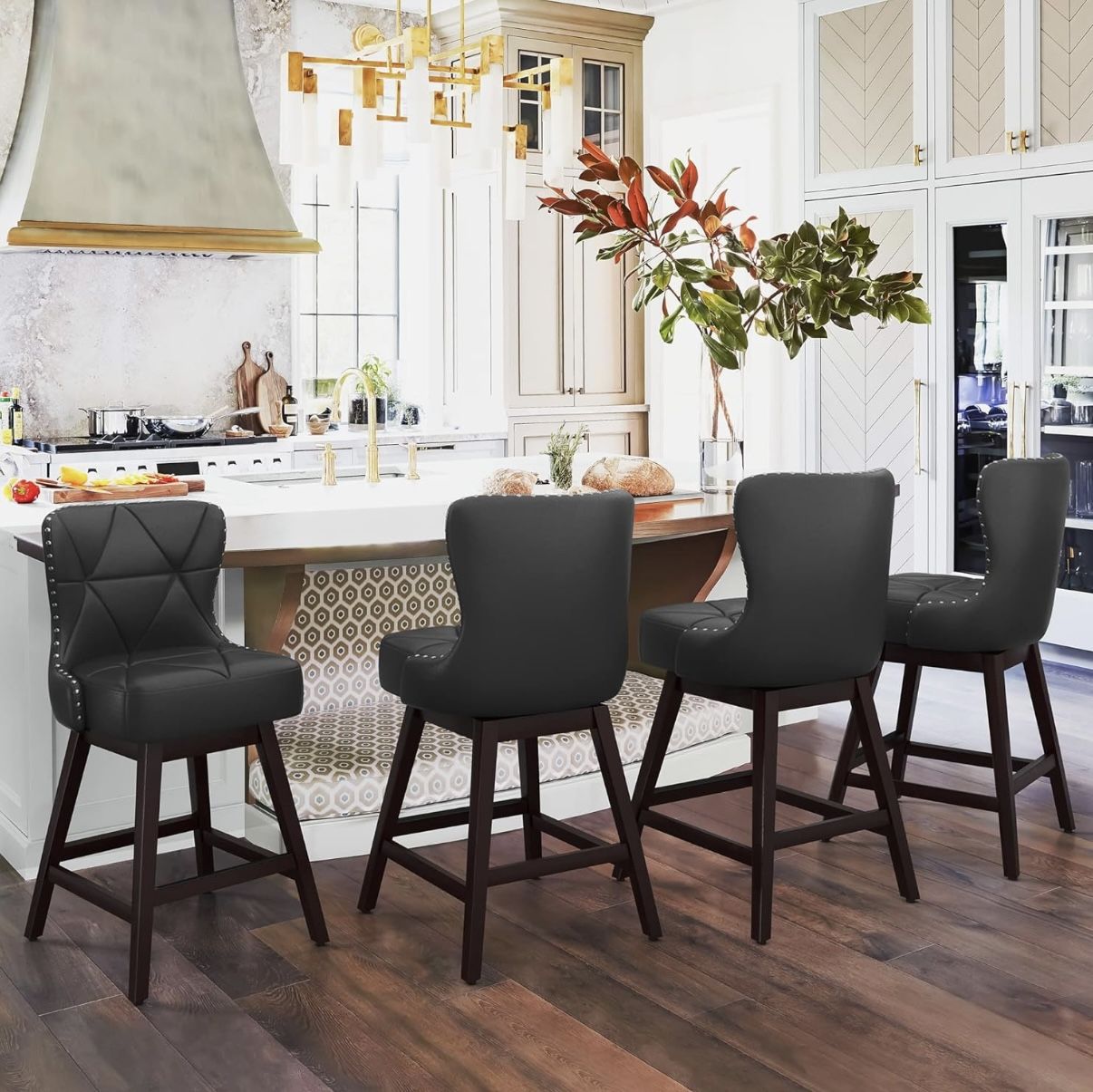 Set of 4, 26" H Swivel Bar Stool with Back, Faux Leather Counter Stool, Solid Wood Legs