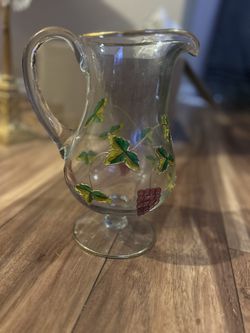 Romanian Crystal Clear Grapes Vines Hand Painted 8" Pitcher Gold Relief