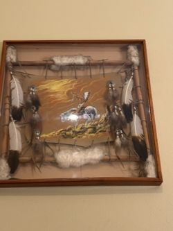 Vintage Native American Hand-Made Mandella Painting on Hide with Fur & Feathers