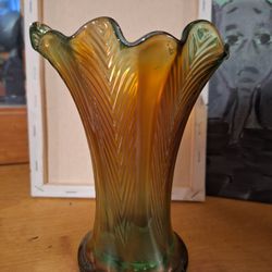 Antique- Northwood Feather Vase in Green Glass with Marigold Iridescence- 