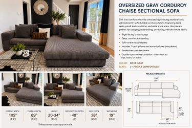 Oversized Gray Corduroy Chaise Sectional Sofa
