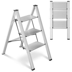 3 Step Ladder, Aluminum Folding Step Ladder with Anti-Slip Pedal, 330lbs Capacity, Lightweight, for Kitchen, Home, Garage (Silver)  Compact 