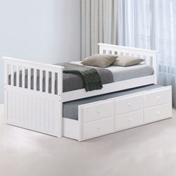 Brand New White Twin Size Captains Bed w Trundle Bed + Drawers 