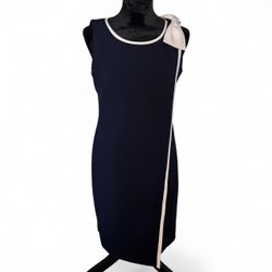 Vintage Glamour Navy Blue Midi Dress with White Bow Size 6