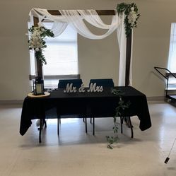 Wedding Wood  Arch w/ Flowers & Sheer Drapery 