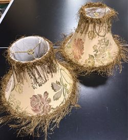 Pair of Vintage Floral Lamp Shades with Textured Gold Fringe