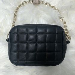 BCBGMaxAzria Gold Chain Black Quilted Leather Clutch Wristlet Handbag