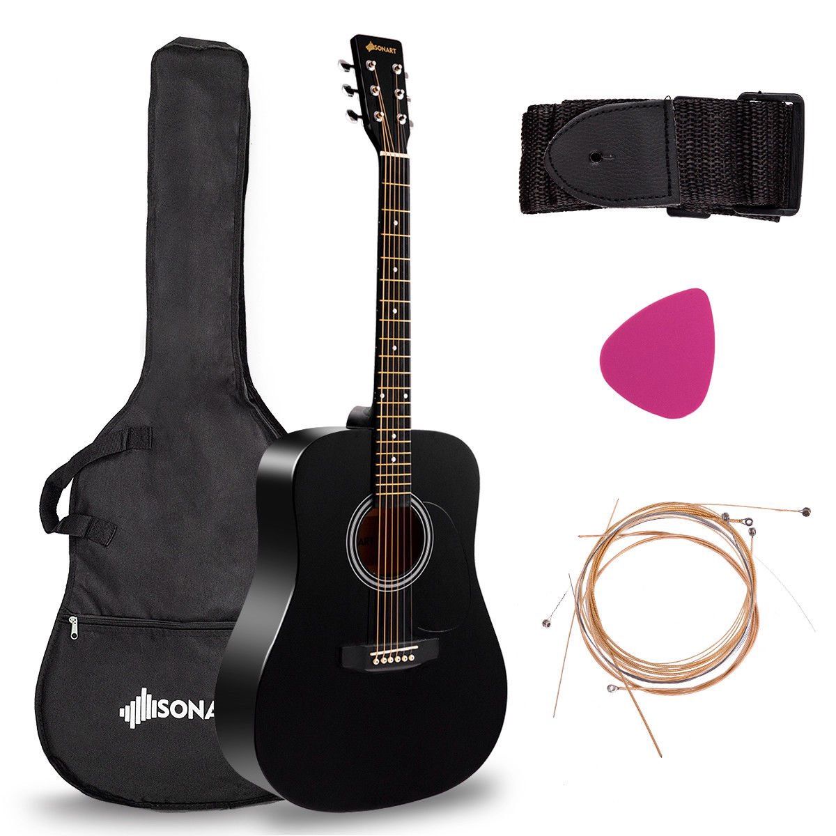 Sonart 41" Acoustic Folk Guitar 6 String w/Case Strap Pick Strings