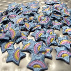 15 Iron-on Star Patches-Blue with Pastel Rainbow