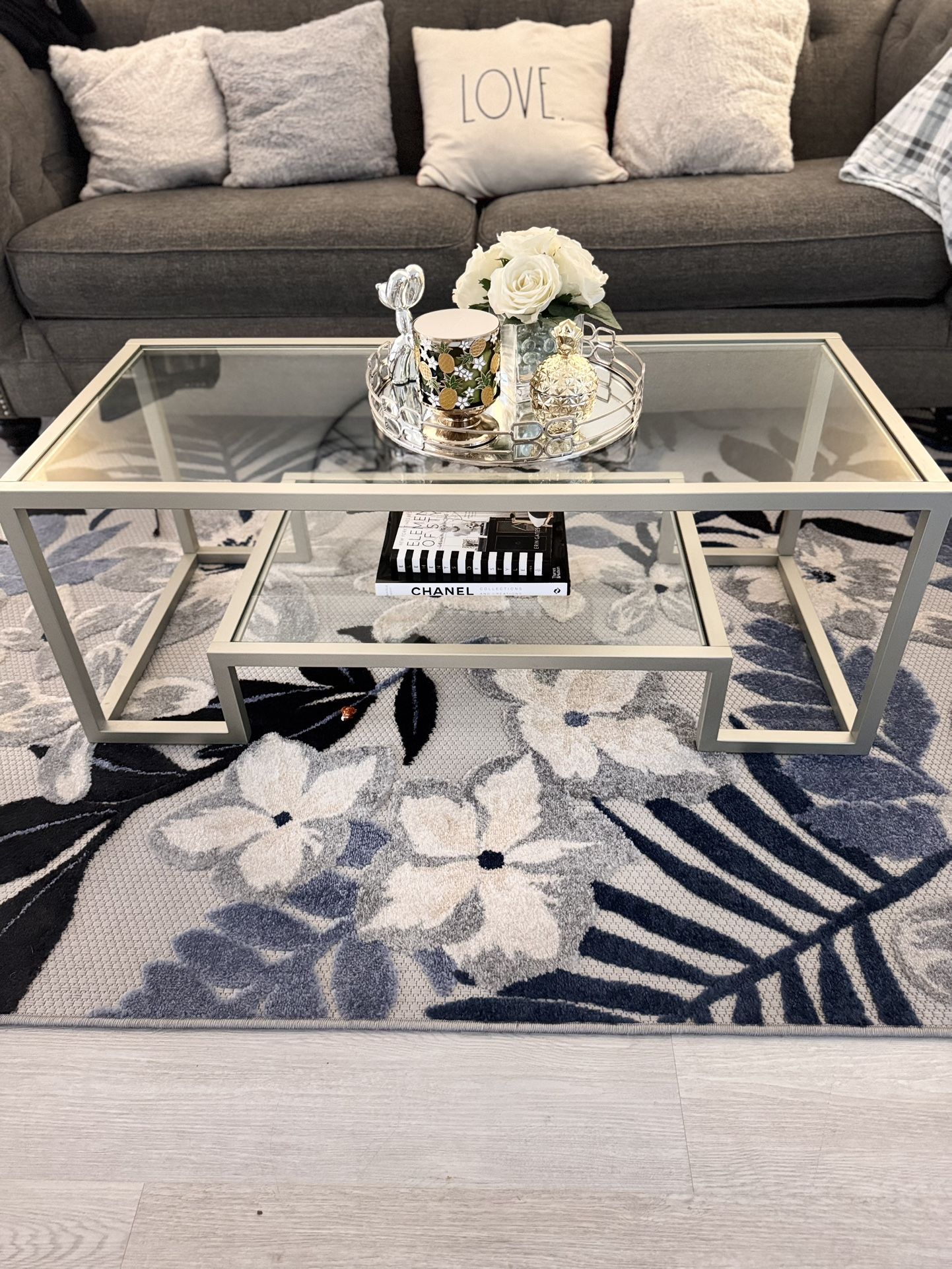Modern Tempered Glass Coffee Table, 45” Wide Rectangle Center Tables w/ 2 Tier Storage Shelf, Metal Frame,, Small Rectangular Tier