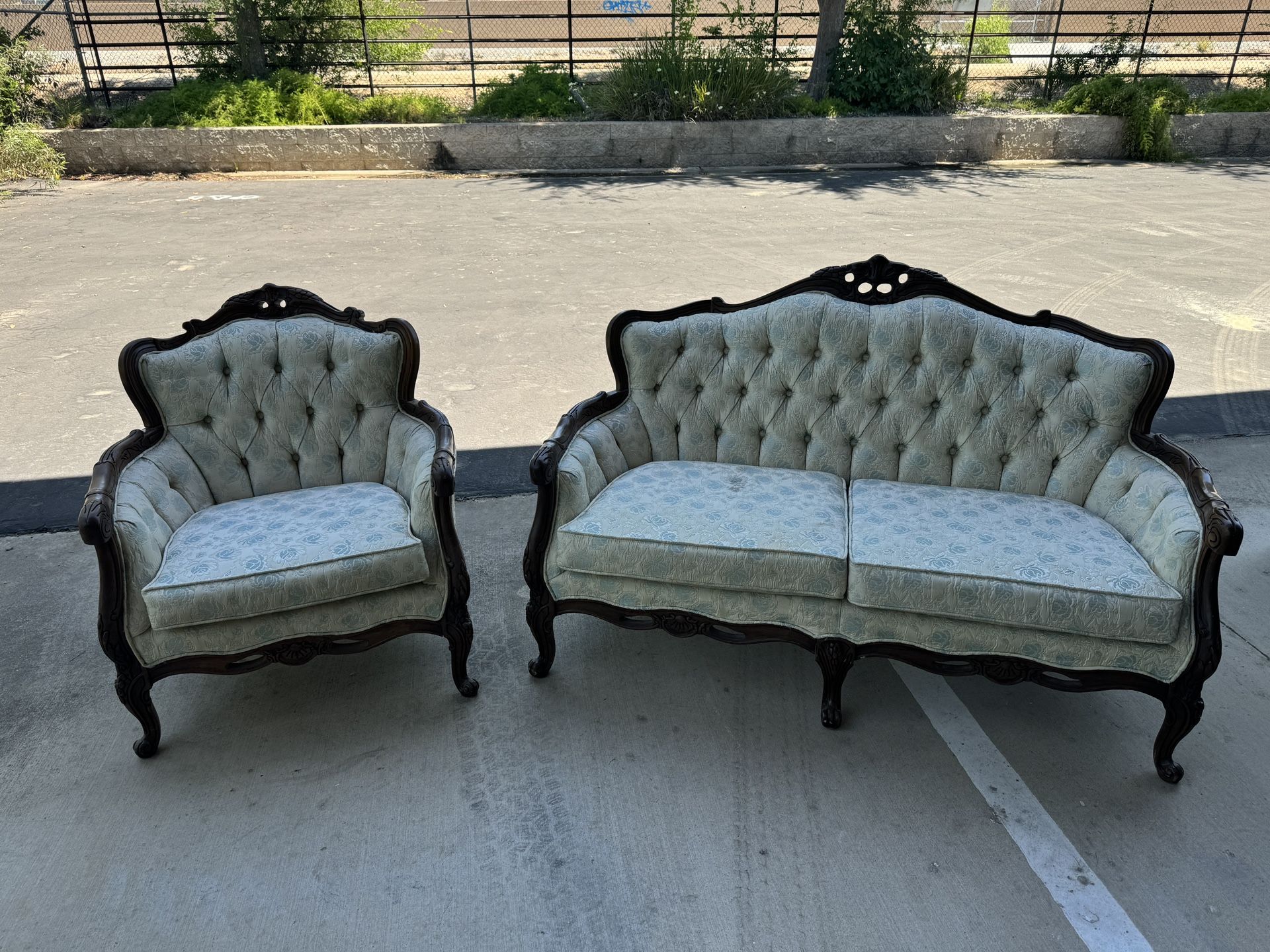 Ivory And Blue Flower Sofa And Chair