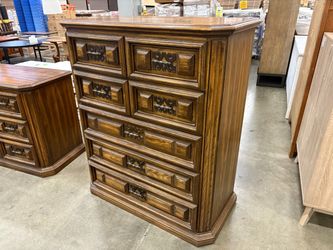 Vintage Wooden 5 Drawer Chest Dresser with Geometric Paneled Drawer Fronts and Ornate Brass Pulls