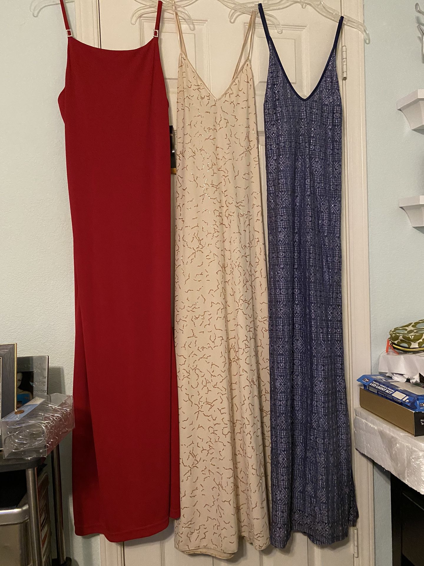 THREE Formal Dress Lot - Red, Gold Glitter, Purplish Lace Overlay Size large 10/12